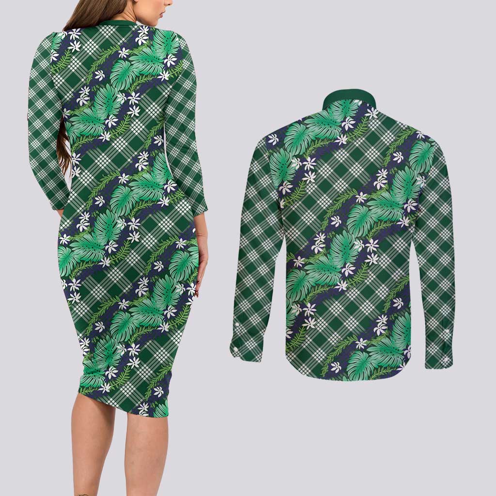 Polynesian Monstera Tiare Floral Couples Matching Long Sleeve Bodycon Dress and Long Sleeve Button Shirt Forest Green Tropical Plaid LT01 - Polynesian Pride