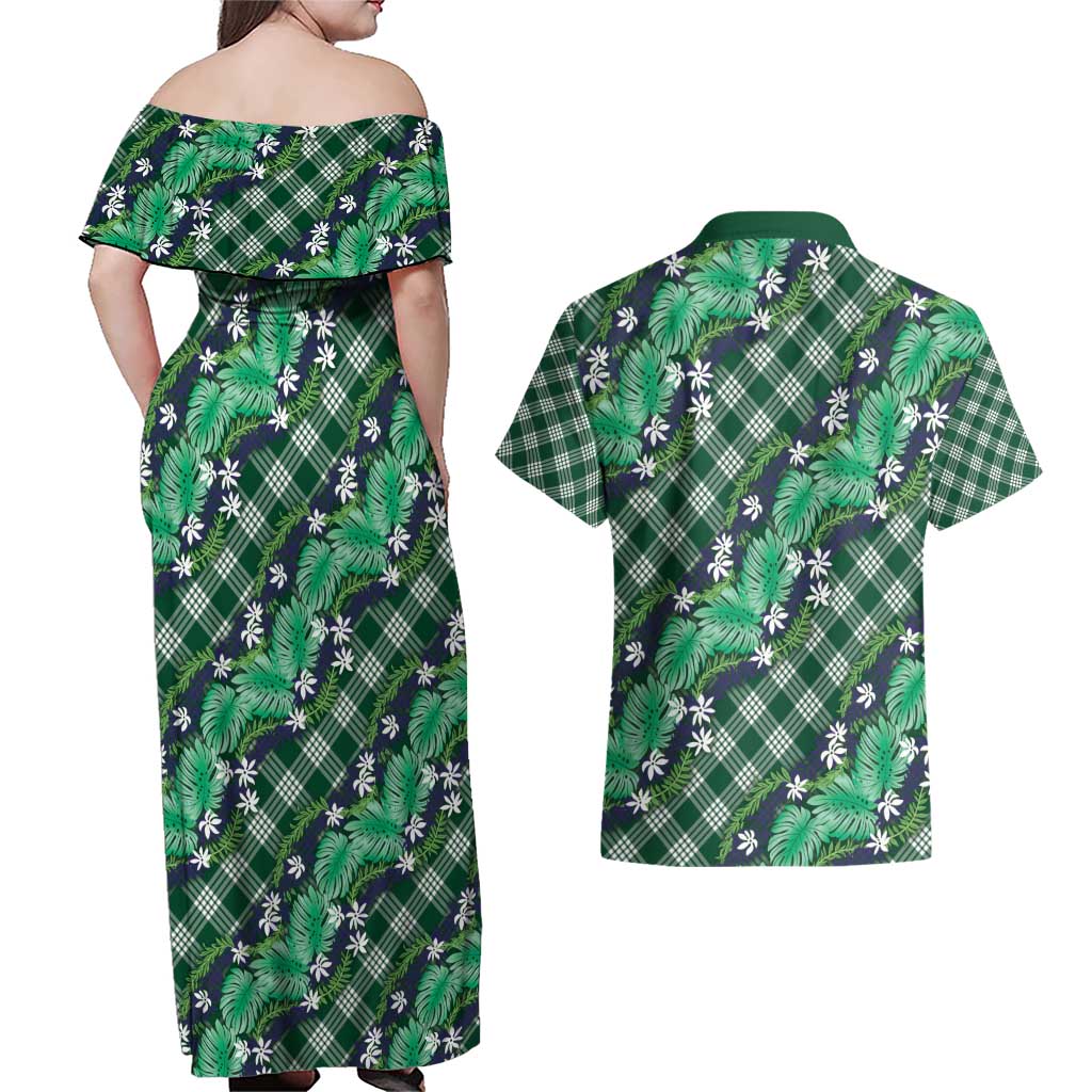 Polynesian Monstera Tiare Floral Couples Matching Off Shoulder Maxi Dress and Hawaiian Shirt Forest Green Tropical Plaid LT01 - Polynesian Pride