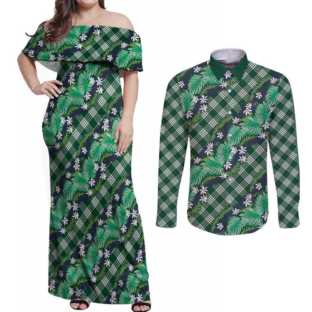 Polynesian Monstera Tiare Floral Couples Matching Off Shoulder Maxi Dress and Long Sleeve Button Shirt Forest Green Tropical Plaid LT01 Green - Polynesian Pride