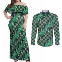 Polynesian Monstera Tiare Floral Couples Matching Off Shoulder Maxi Dress and Long Sleeve Button Shirt Forest Green Tropical Plaid LT01 Green - Polynesian Pride