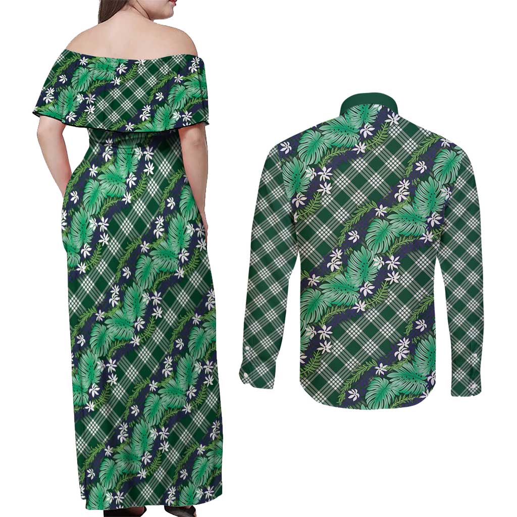 Polynesian Monstera Tiare Floral Couples Matching Off Shoulder Maxi Dress and Long Sleeve Button Shirt Forest Green Tropical Plaid LT01 - Polynesian Pride