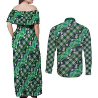 Polynesian Monstera Tiare Floral Couples Matching Off Shoulder Maxi Dress and Long Sleeve Button Shirt Forest Green Tropical Plaid LT01 - Polynesian Pride