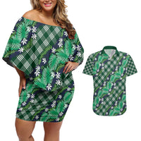 Polynesian Monstera Tiare Floral Couples Matching Off Shoulder Short Dress and Hawaiian Shirt Forest Green Tropical Plaid LT01 Green - Polynesian Pride