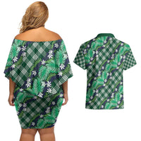 Polynesian Monstera Tiare Floral Couples Matching Off Shoulder Short Dress and Hawaiian Shirt Forest Green Tropical Plaid LT01 - Polynesian Pride