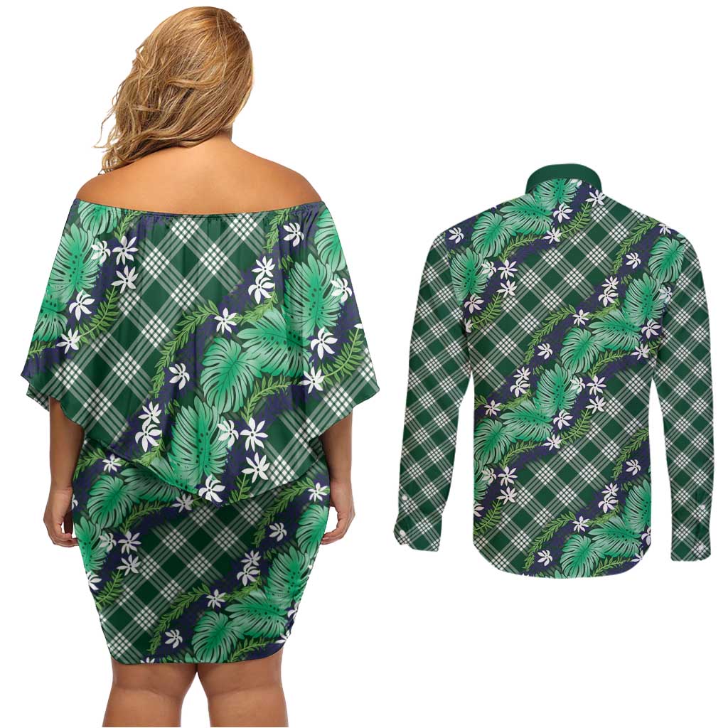 Polynesian Monstera Tiare Floral Couples Matching Off Shoulder Short Dress and Long Sleeve Button Shirt Forest Green Tropical Plaid LT01 - Polynesian Pride