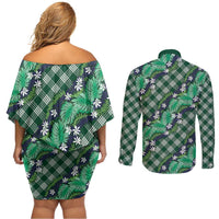 Polynesian Monstera Tiare Floral Couples Matching Off Shoulder Short Dress and Long Sleeve Button Shirt Forest Green Tropical Plaid LT01 - Polynesian Pride
