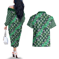 Polynesian Monstera Tiare Floral Couples Matching Off The Shoulder Long Sleeve Dress and Hawaiian Shirt Forest Green Tropical Plaid LT01 - Polynesian Pride