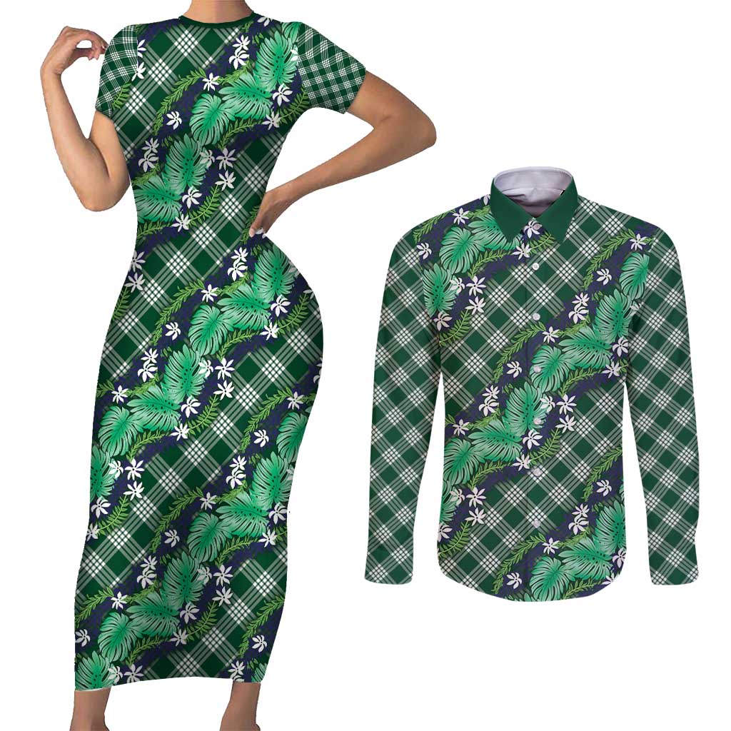 Polynesian Monstera Tiare Floral Couples Matching Short Sleeve Bodycon Dress and Long Sleeve Button Shirt Forest Green Tropical Plaid LT01 Green - Polynesian Pride