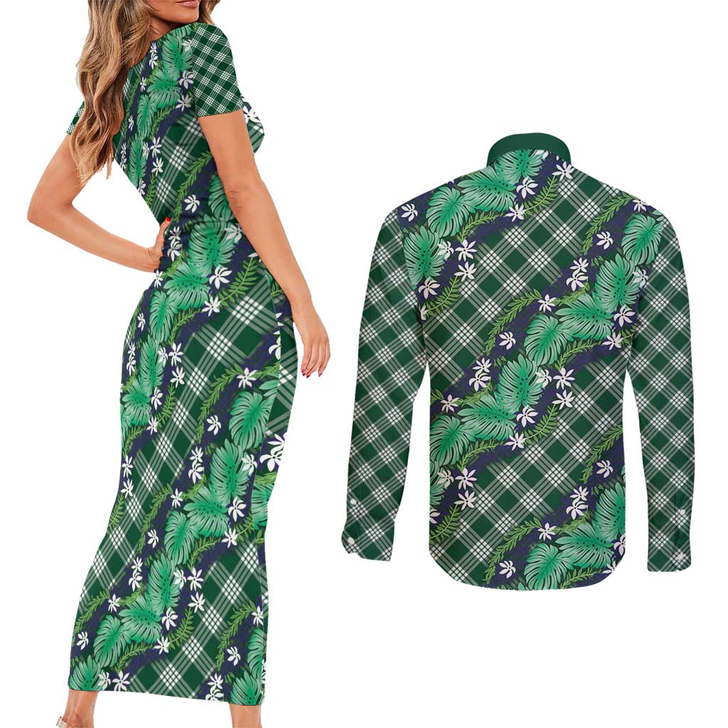 Polynesian Monstera Tiare Floral Couples Matching Short Sleeve Bodycon Dress and Long Sleeve Button Shirt Forest Green Tropical Plaid LT01 - Polynesian Pride