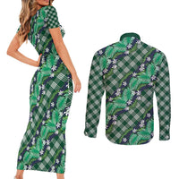 Polynesian Monstera Tiare Floral Couples Matching Short Sleeve Bodycon Dress and Long Sleeve Button Shirt Forest Green Tropical Plaid LT01 - Polynesian Pride