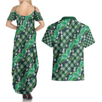 Polynesian Monstera Tiare Floral Couples Matching Summer Maxi Dress and Hawaiian Shirt Forest Green Tropical Plaid LT01 - Polynesian Pride