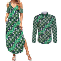 Polynesian Monstera Tiare Floral Couples Matching Summer Maxi Dress and Long Sleeve Button Shirt Forest Green Tropical Plaid LT01 Green - Polynesian Pride