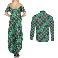 Polynesian Monstera Tiare Floral Couples Matching Summer Maxi Dress and Long Sleeve Button Shirt Forest Green Tropical Plaid LT01 - Polynesian Pride