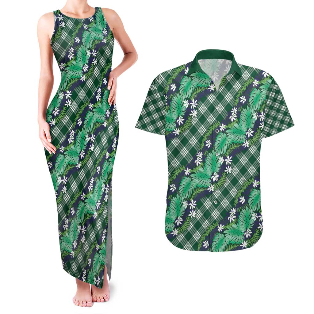 Polynesian Monstera Tiare Floral Couples Matching Tank Maxi Dress and Hawaiian Shirt Forest Green Tropical Plaid LT01 Green - Polynesian Pride