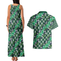 Polynesian Monstera Tiare Floral Couples Matching Tank Maxi Dress and Hawaiian Shirt Forest Green Tropical Plaid LT01 - Polynesian Pride