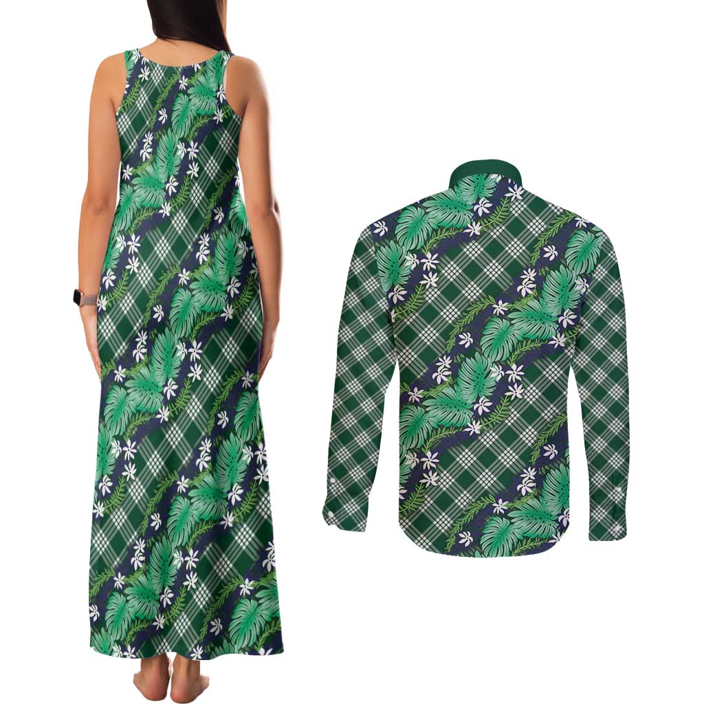 Polynesian Monstera Tiare Floral Couples Matching Tank Maxi Dress and Long Sleeve Button Shirt Forest Green Tropical Plaid LT01 - Polynesian Pride