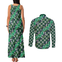Polynesian Monstera Tiare Floral Couples Matching Tank Maxi Dress and Long Sleeve Button Shirt Forest Green Tropical Plaid LT01 - Polynesian Pride