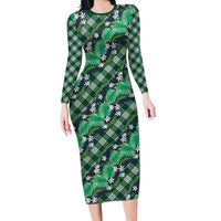 Polynesian Monstera Tiare Floral Family Matching Long Sleeve Bodycon Dress and Hawaiian Shirt Forest Green Tropical Plaid LT01 Mom's Dress Green - Polynesian Pride