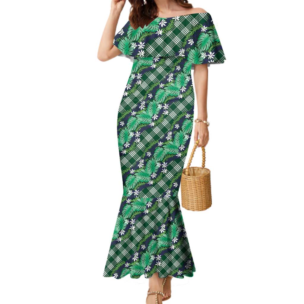 Polynesian Monstera Tiare Floral Family Matching Mermaid Dress and Hawaiian Shirt Forest Green Tropical Plaid LT01 Mom's Dress Green - Polynesian Pride