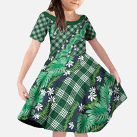 Polynesian Monstera Tiare Floral Family Matching Off The Shoulder Long Sleeve Dress and Hawaiian Shirt Forest Green Tropical Plaid LT01 Daughter's Dress Green - Polynesian Pride