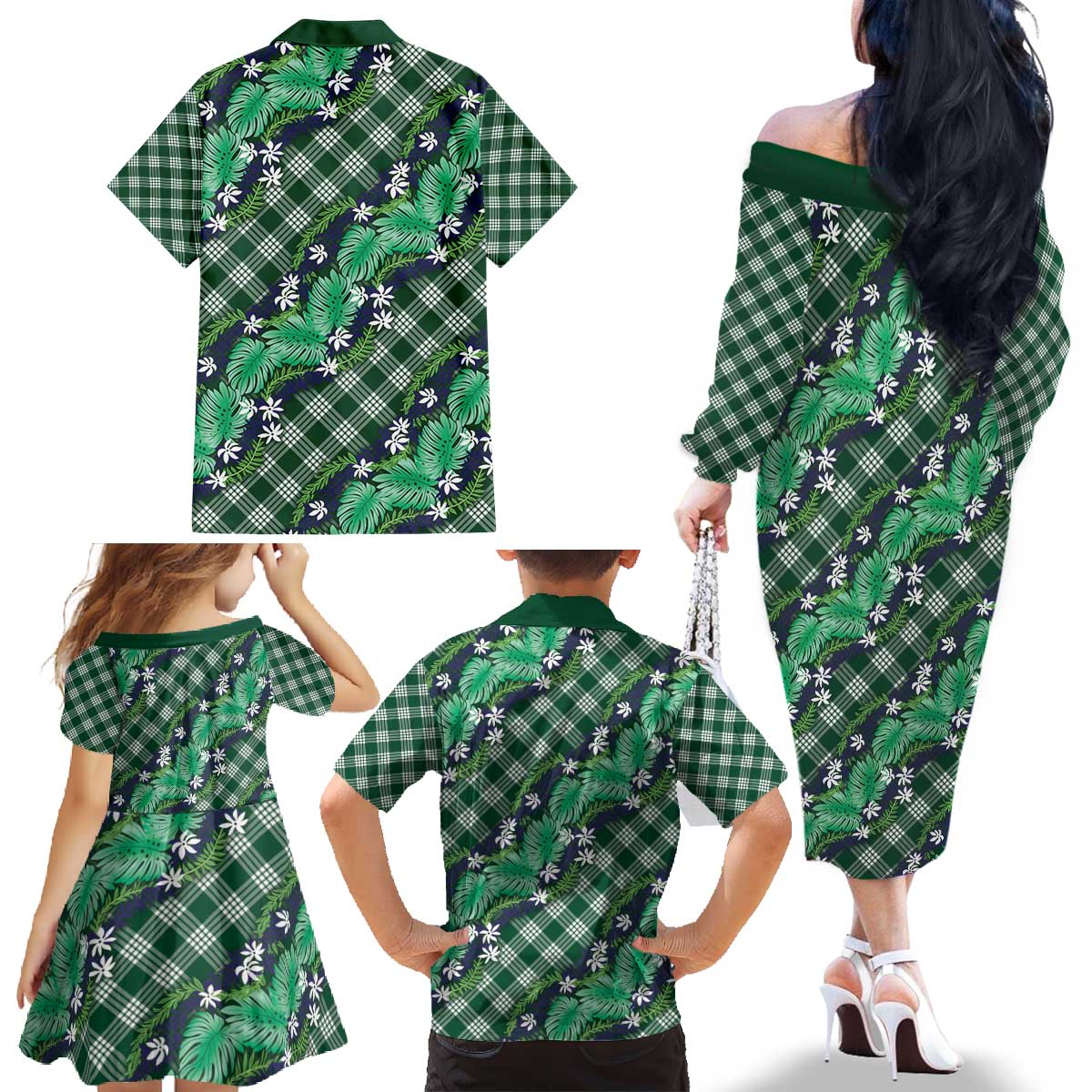 Polynesian Monstera Tiare Floral Family Matching Off The Shoulder Long Sleeve Dress and Hawaiian Shirt Forest Green Tropical Plaid LT01 - Polynesian Pride