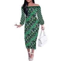 Polynesian Monstera Tiare Floral Family Matching Off The Shoulder Long Sleeve Dress and Hawaiian Shirt Forest Green Tropical Plaid LT01 Mom's Dress Green - Polynesian Pride