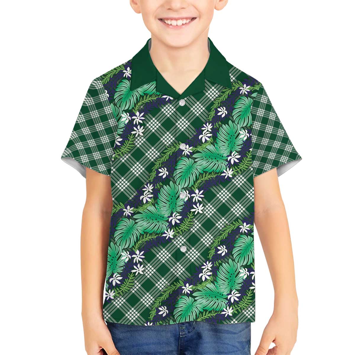 Polynesian Monstera Tiare Floral Family Matching Off The Shoulder Long Sleeve Dress and Hawaiian Shirt Forest Green Tropical Plaid LT01 Son's Shirt Green - Polynesian Pride