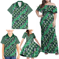 Polynesian Monstera Tiare Floral Family Matching Off Shoulder Maxi Dress and Hawaiian Shirt Forest Green Tropical Plaid LT01 - Polynesian Pride