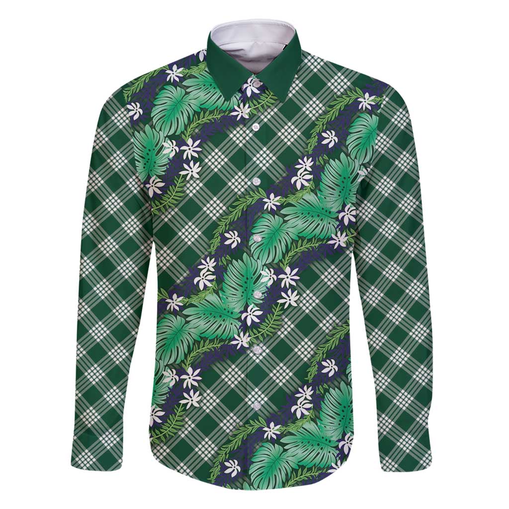Polynesian Monstera Tiare Floral Family Matching Off Shoulder Maxi Dress and Hawaiian Shirt Forest Green Tropical Plaid LT01 Dad's Shirt - Long Sleeve Green - Polynesian Pride