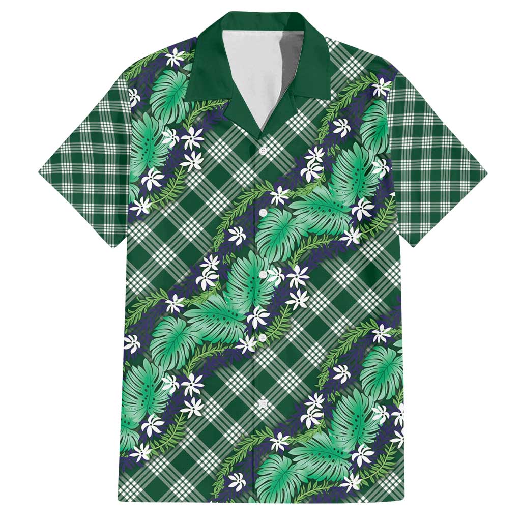 Polynesian Monstera Tiare Floral Family Matching Off Shoulder Short Dress and Hawaiian Shirt Forest Green Tropical Plaid LT01 Dad's Shirt - Short Sleeve Green - Polynesian Pride