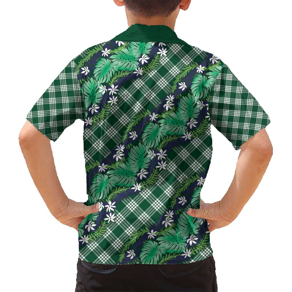 Polynesian Monstera Tiare Floral Family Matching Puletasi and Hawaiian Shirt Forest Green Tropical Plaid LT01 - Polynesian Pride
