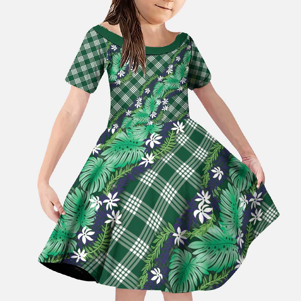 Polynesian Monstera Tiare Floral Family Matching Short Sleeve Bodycon Dress and Hawaiian Shirt Forest Green Tropical Plaid LT01 Daughter's Dress Green - Polynesian Pride