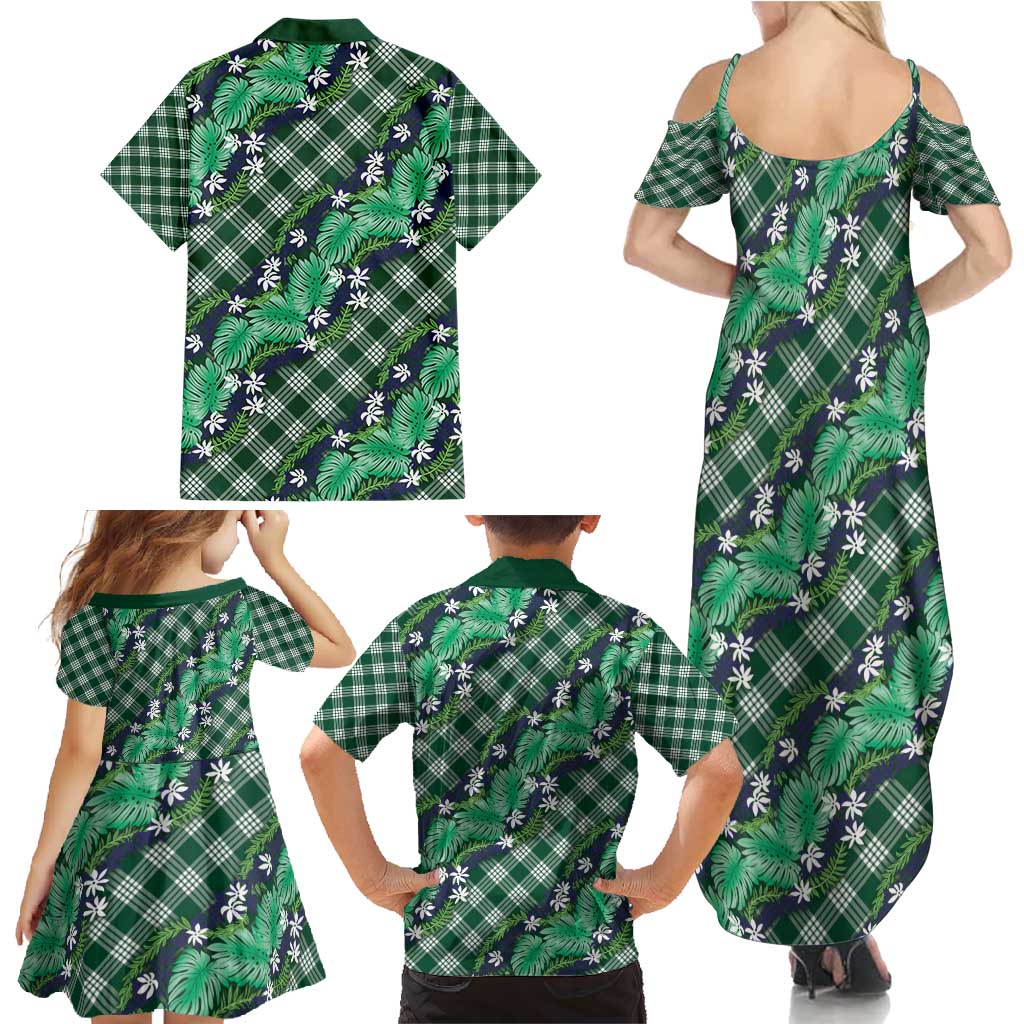 Polynesian Monstera Tiare Floral Family Matching Summer Maxi Dress and Hawaiian Shirt Forest Green Tropical Plaid LT01 - Polynesian Pride