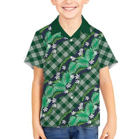 Polynesian Monstera Tiare Floral Kid Hawaiian Shirt Forest Green Tropical Plaid - Polynesian Pride