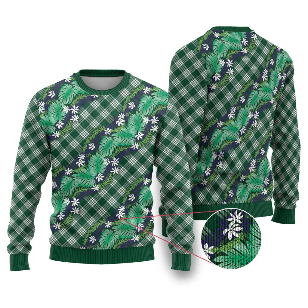 Polynesian Monstera Tiare Floral Ugly Christmas Sweater Forest Green Tropical Plaid LT01 Green - Polynesian Pride
