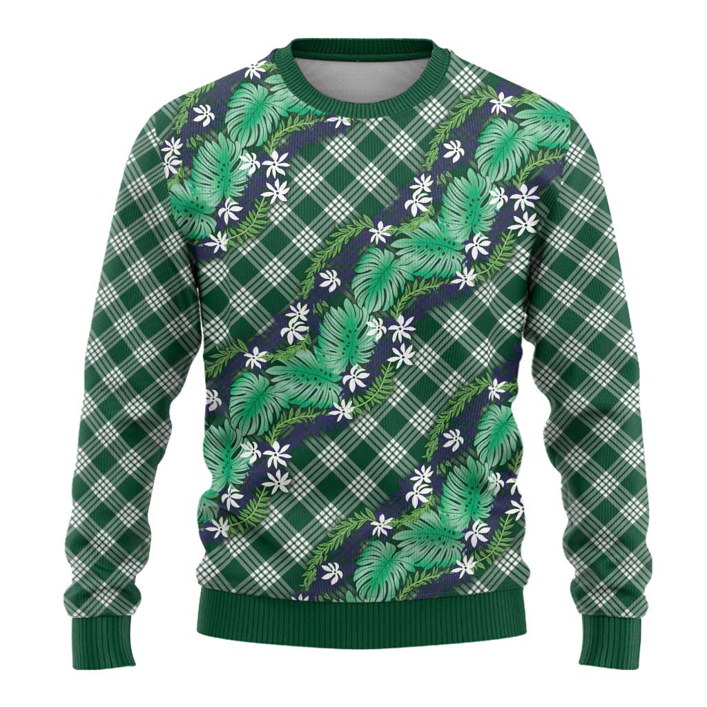 Polynesian Monstera Tiare Floral Ugly Christmas Sweater Forest Green Tropical Plaid LT01 - Polynesian Pride