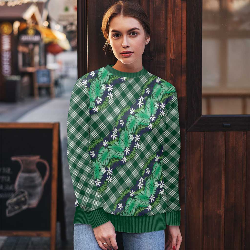 Polynesian Monstera Tiare Floral Ugly Christmas Sweater Forest Green Tropical Plaid LT01 - Polynesian Pride