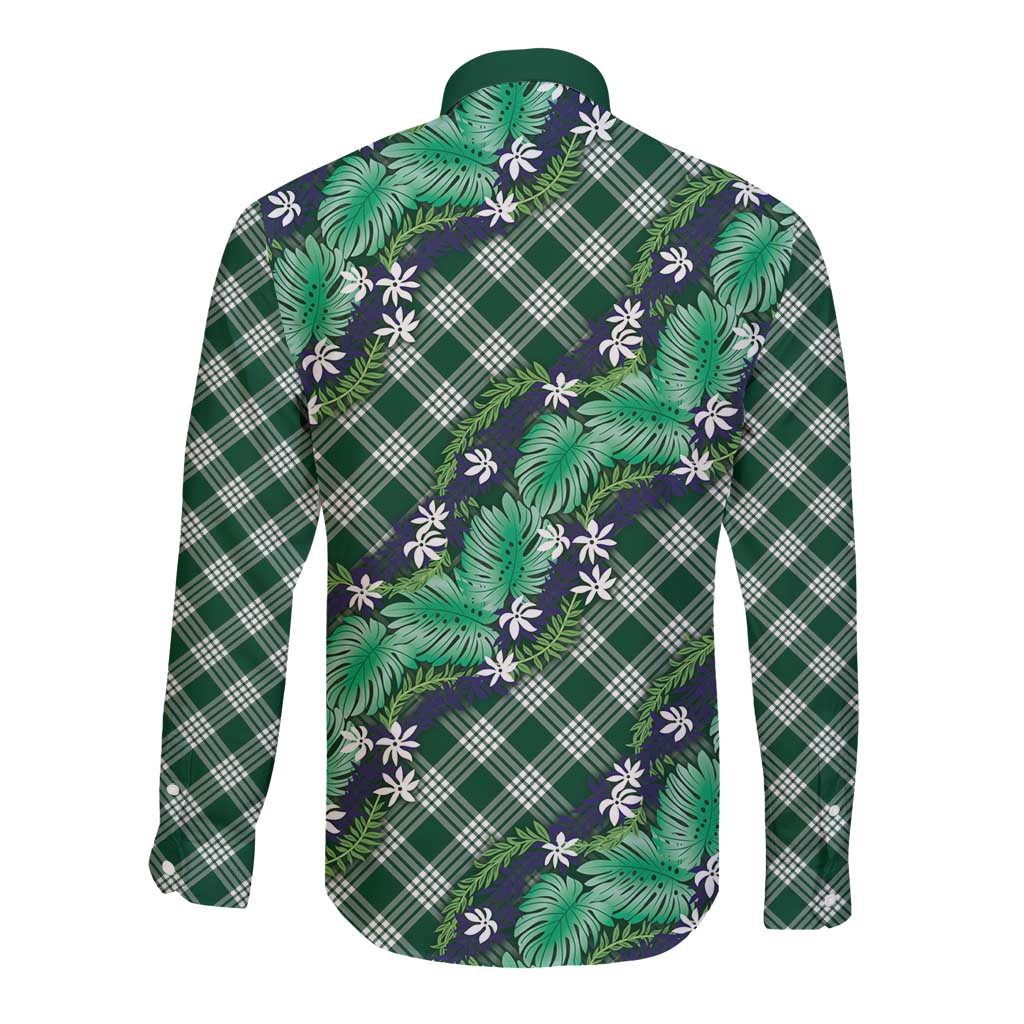 Polynesian Monstera Tiare Floral Long Sleeve Button Shirt Forest Green Tropical Plaid - Polynesian Pride