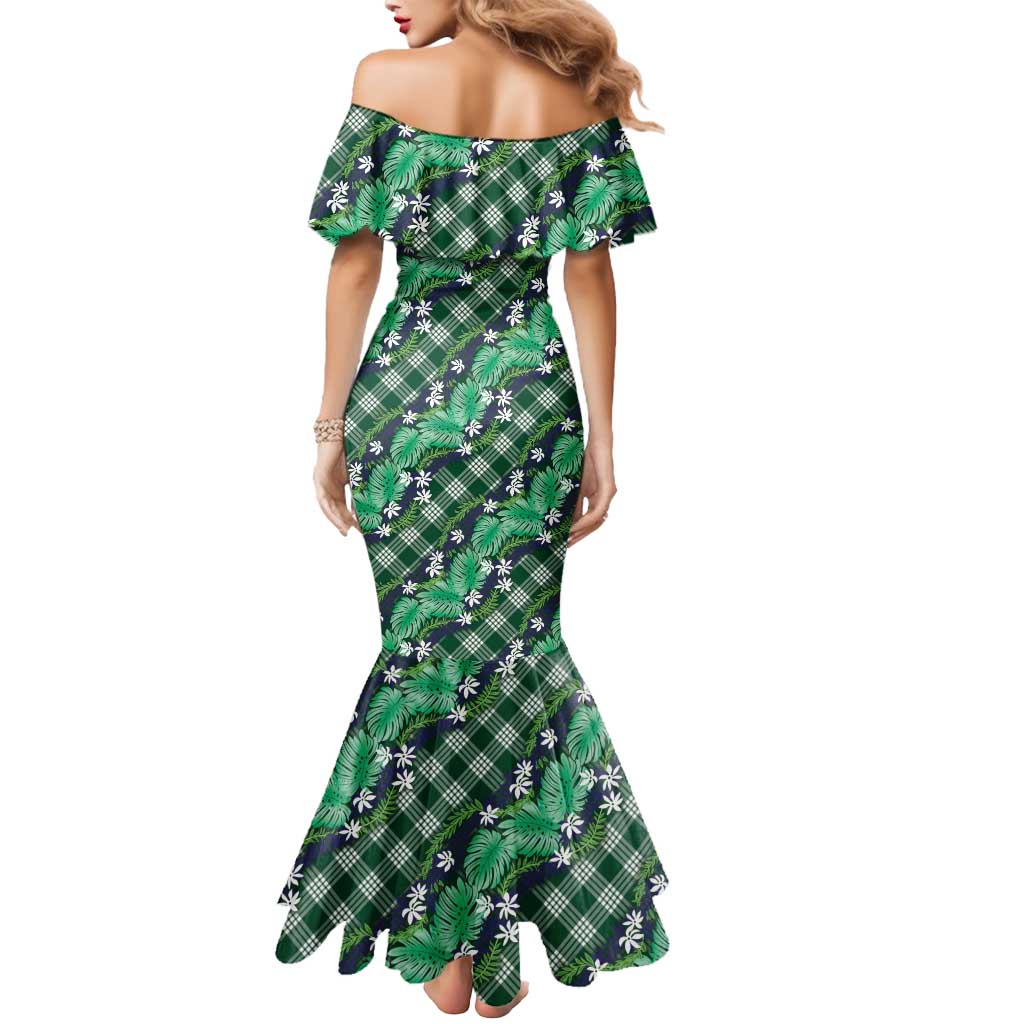 Polynesian Monstera Tiare Floral Mermaid Dress Forest Green Tropical Plaid - Polynesian Pride