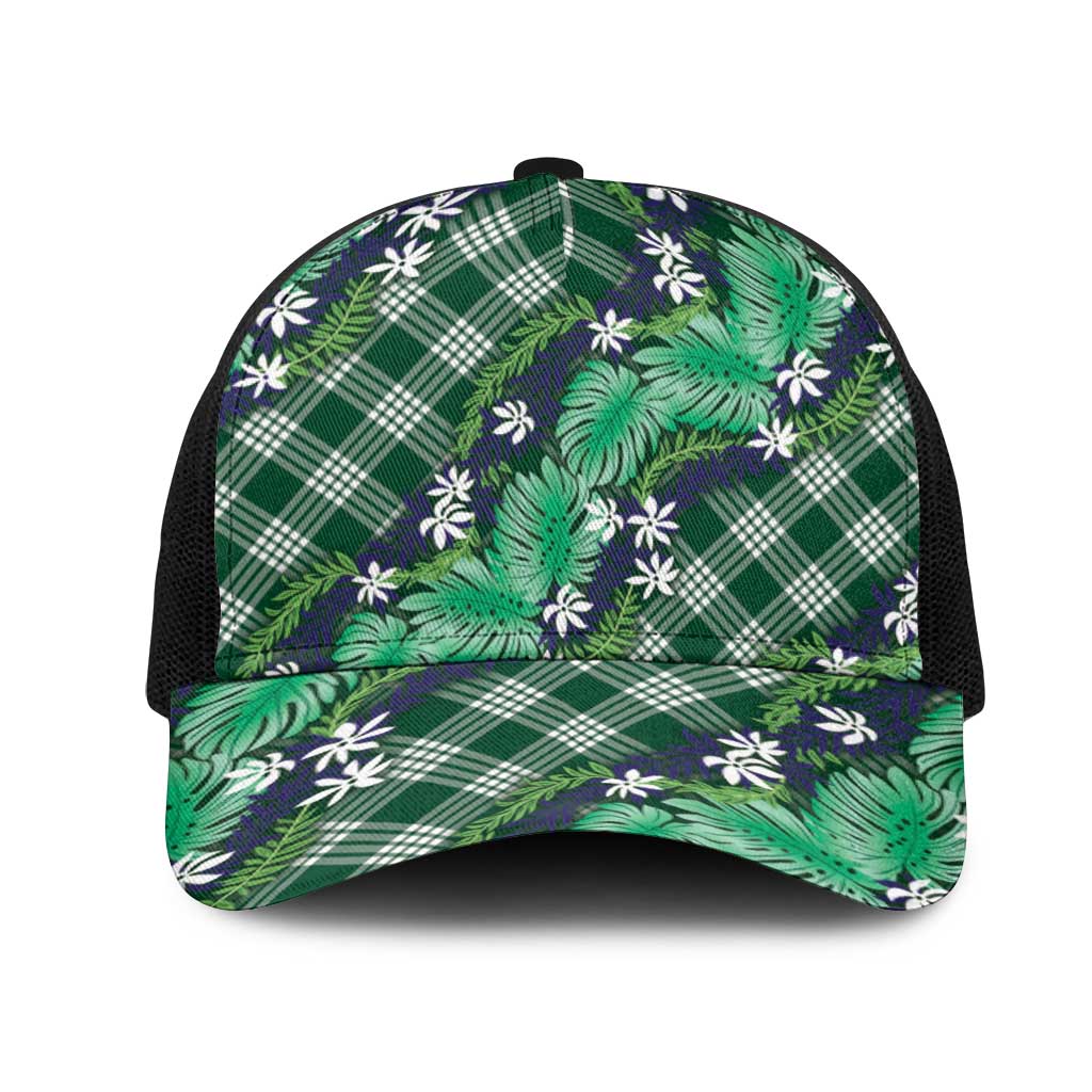 Polynesian Monstera Tiare Floral Mesh Trucker Cap Forest Green Tropical Plaid - Polynesian Pride