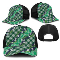 Polynesian Monstera Tiare Floral Mesh Trucker Cap Forest Green Tropical Plaid - Polynesian Pride