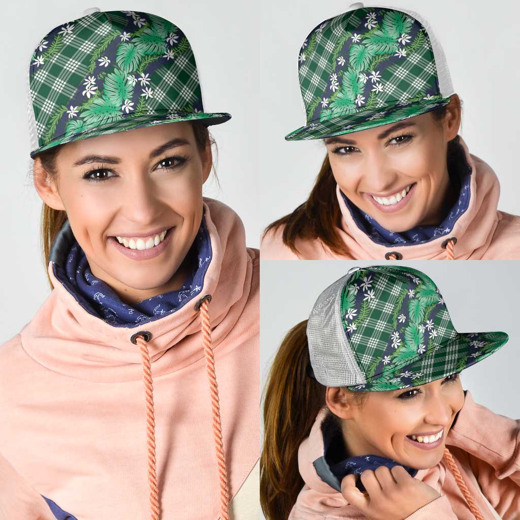 Polynesian Monstera Tiare Floral Mesh Trucker Cap Forest Green Tropical Plaid - Polynesian Pride