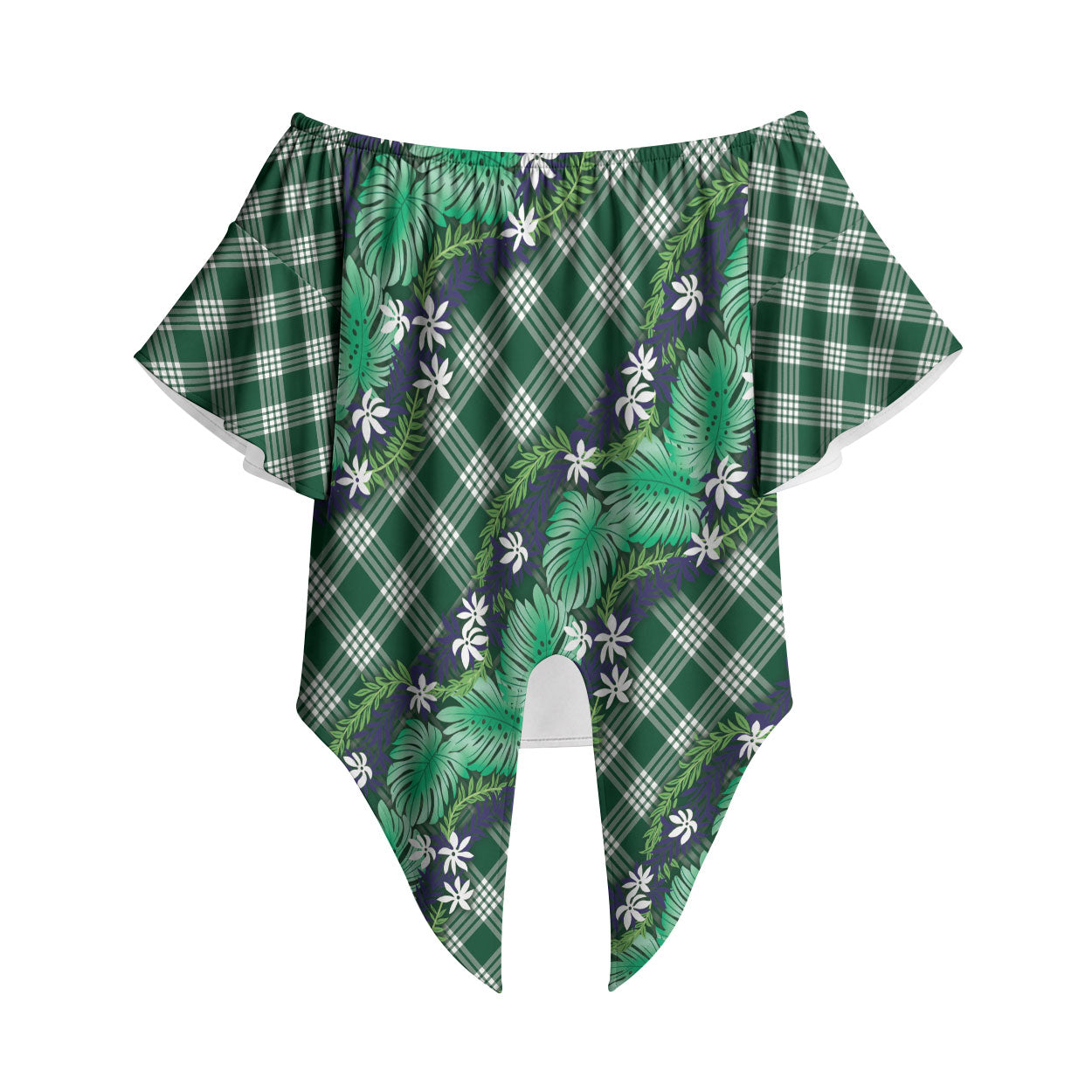 Polynesian Monstera Tiare Floral Off Shoulder Wrap Waist Top Forest Green Tropical Plaid LT01 Green - Polynesian Pride