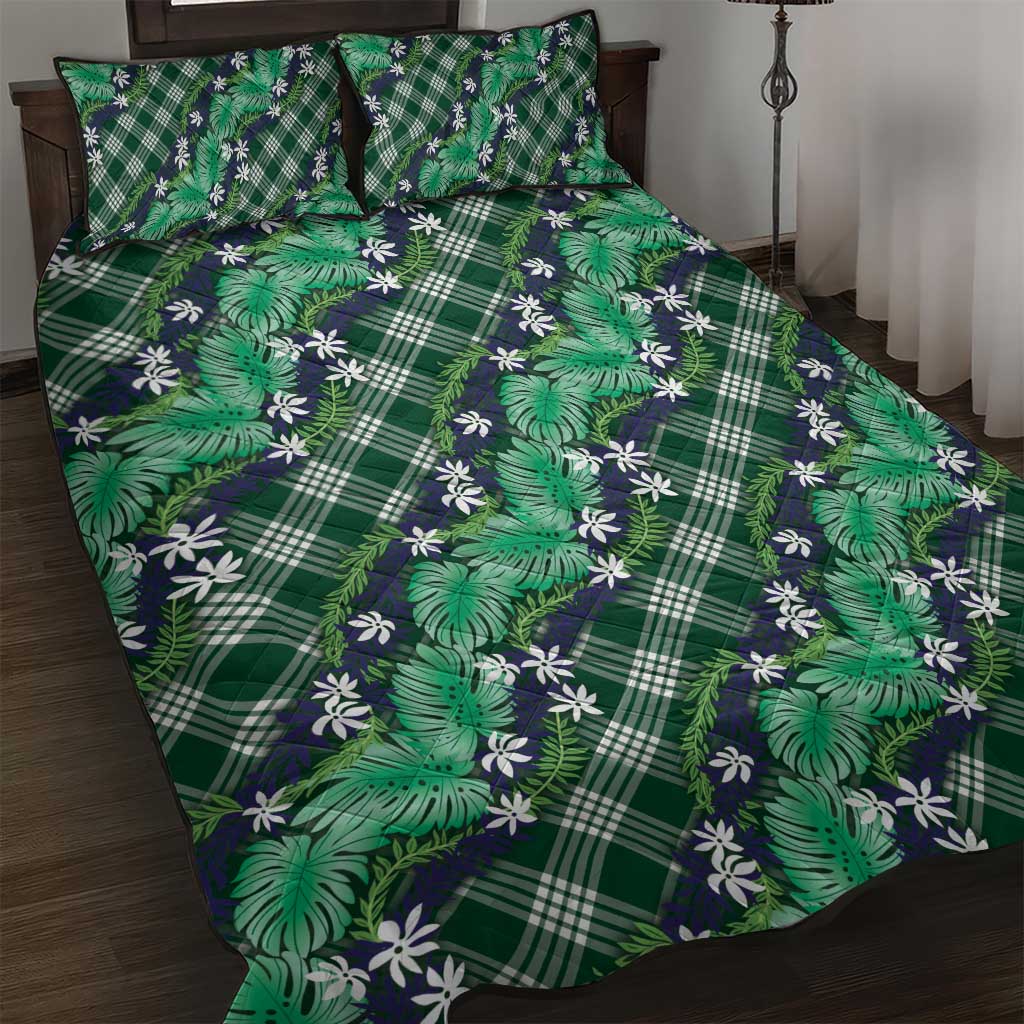 Polynesian Monstera Tiare Floral Quilt Bed Set Forest Green Tropical Plaid LT01 Green - Polynesian Pride