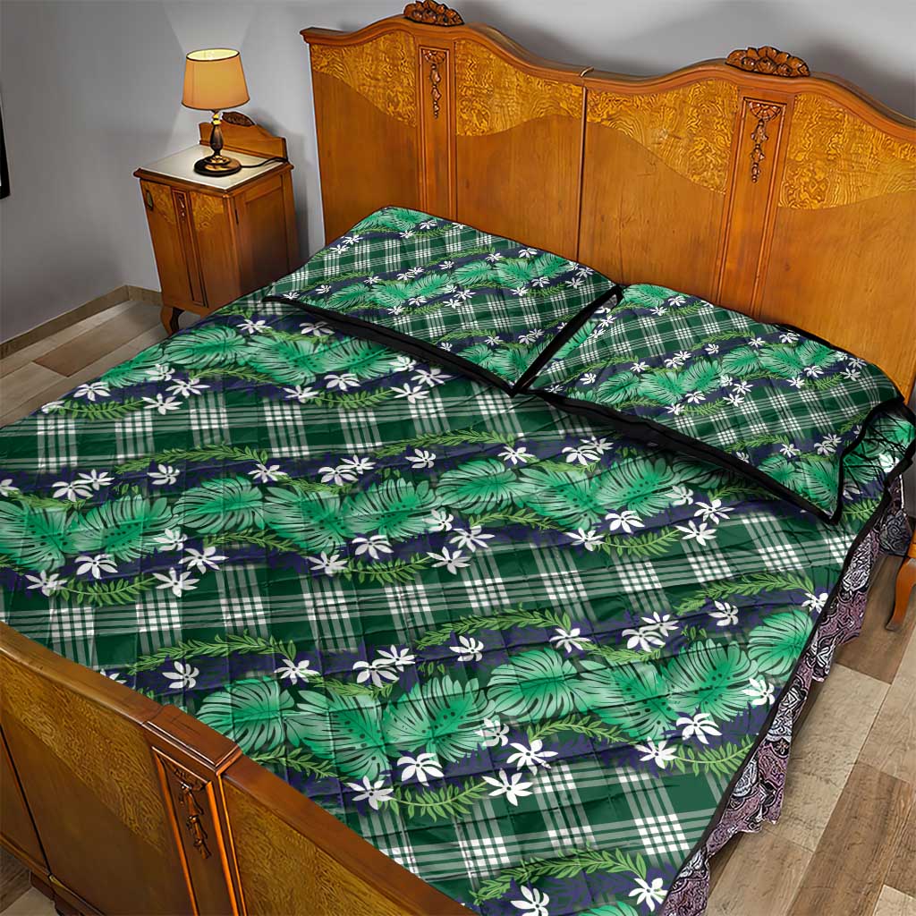 Polynesian Monstera Tiare Floral Quilt Bed Set Forest Green Tropical Plaid LT01 - Polynesian Pride