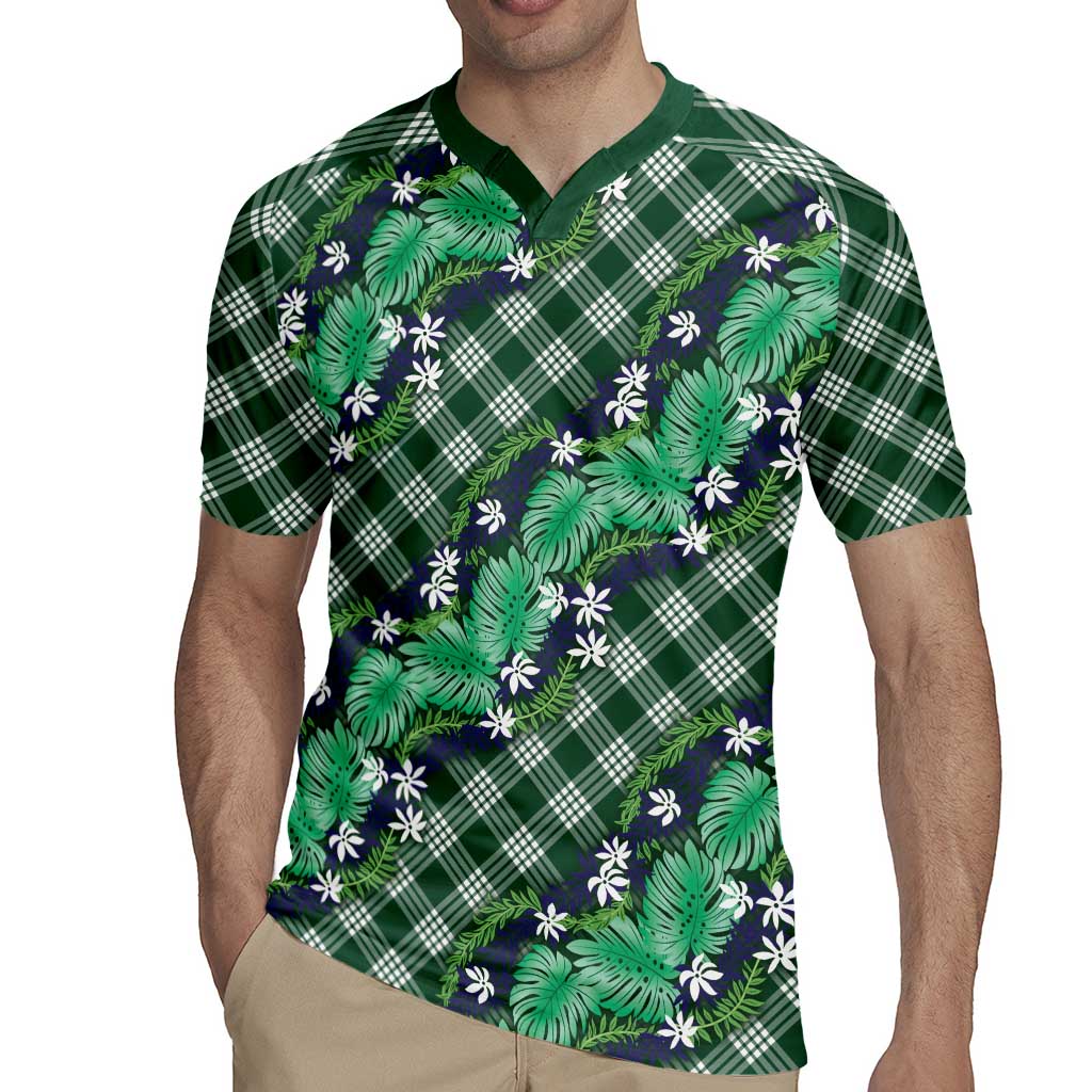 Polynesian Monstera Tiare Floral Rugby Jersey Forest Green Tropical Plaid - Polynesian Pride