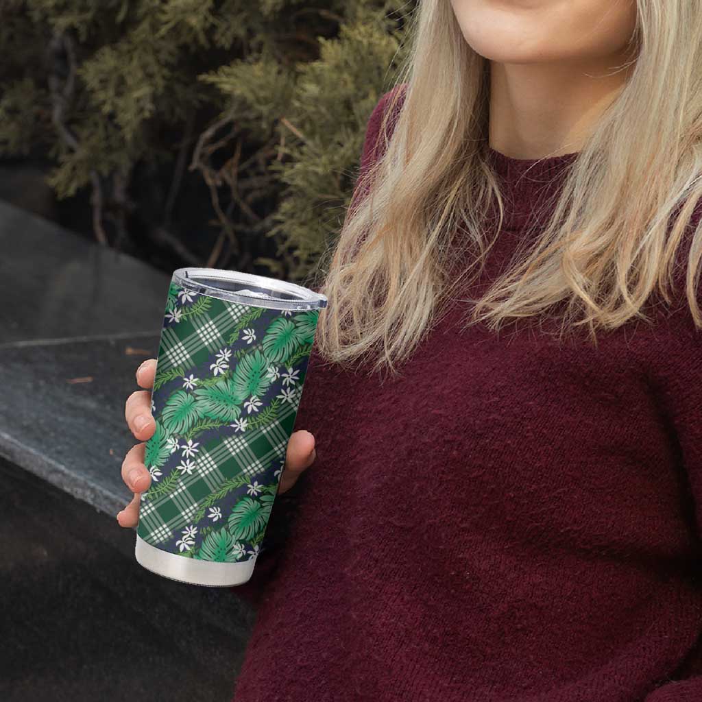 Polynesian Monstera Tiare Floral Tumbler Cup Forest Green Tropical Plaid - Polynesian Pride