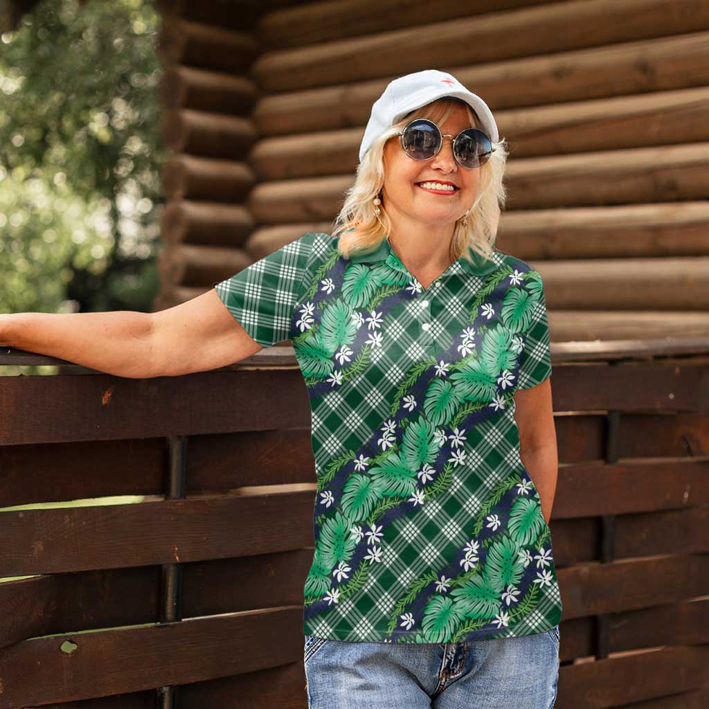 Polynesian Monstera Tiare Floral Women Polo Shirt Forest Green Tropical Plaid - Polynesian Pride