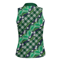 Polynesian Monstera Tiare Floral Women Sleeveless Polo Shirt Forest Green Tropical Plaid LT01 - Polynesian Pride