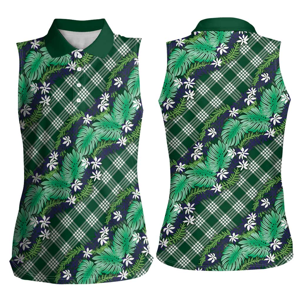 Polynesian Monstera Tiare Floral Women Sleeveless Polo Shirt Forest Green Tropical Plaid LT01 - Polynesian Pride
